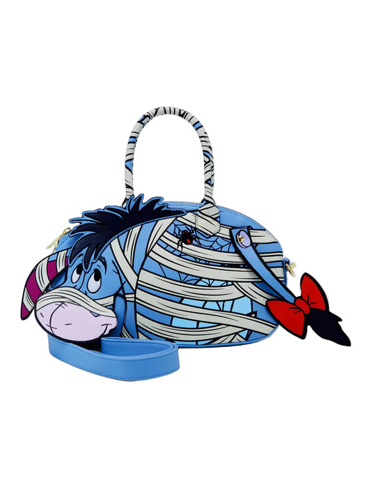 Front Mummy Eeyore crossbody bag with mummy pattern on a white background