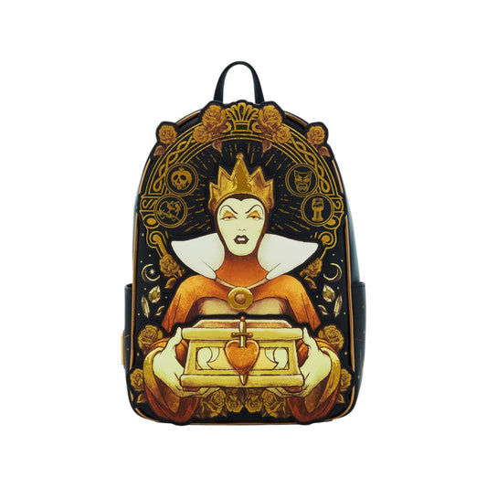 Backpack with a design of Evil queen holding a heart on a white background