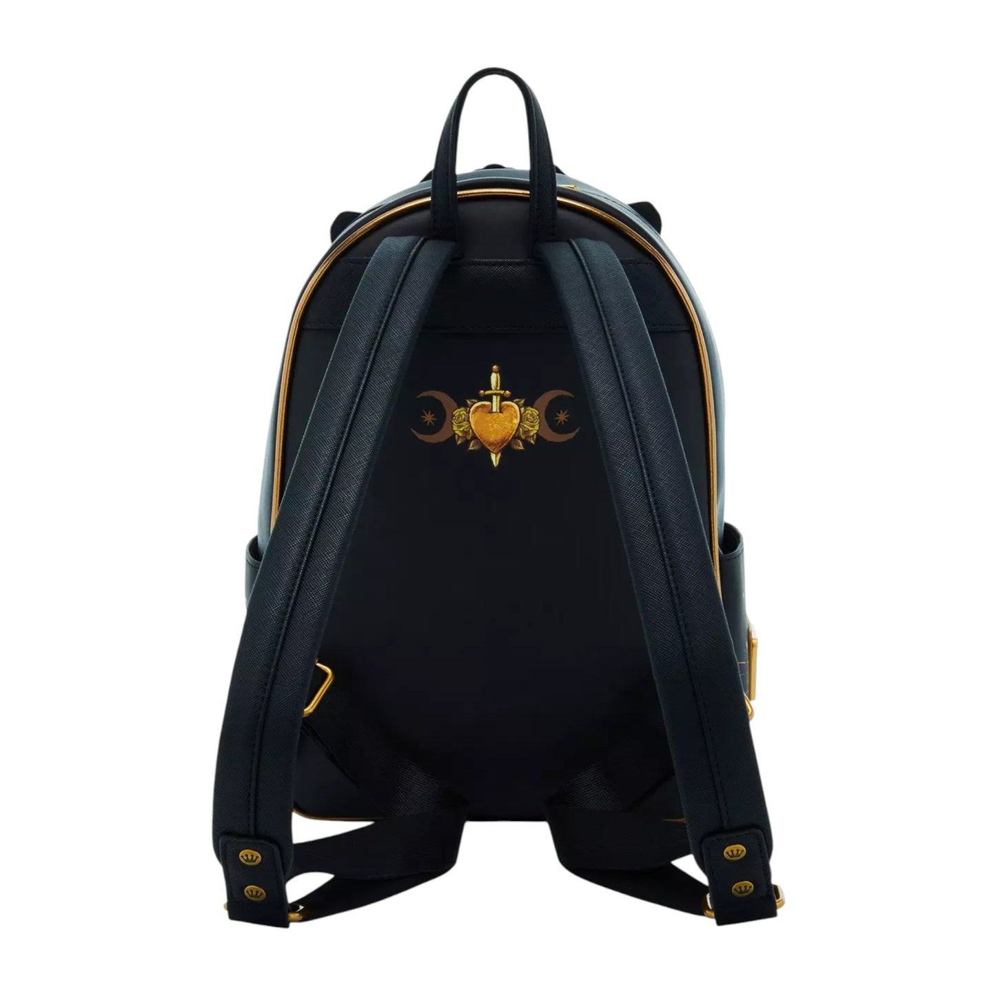 evil queen backpack with gold accents and emblem on a white background