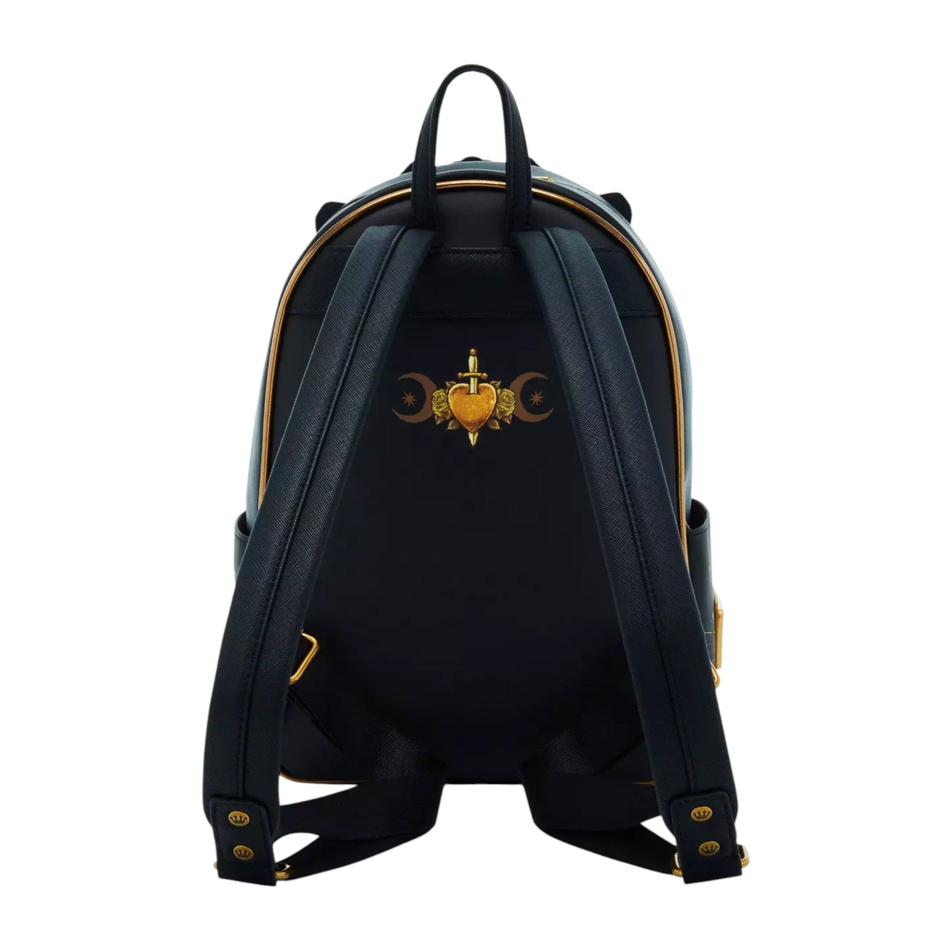 evil queen backpack with gold accents and emblem on a white background