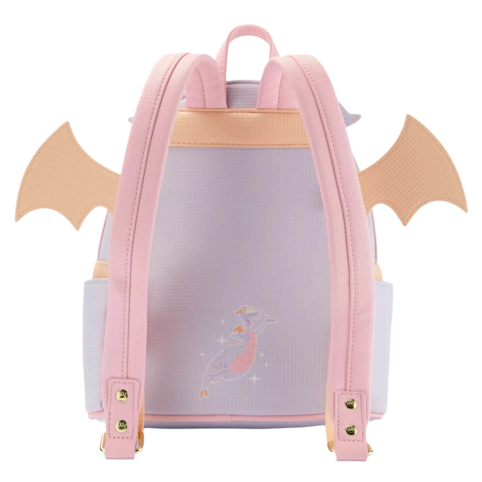 Back view of the Disney Parks Epcot Pastel Figment Mini Backpack with pink straps and dragon wings and a picture of Figment on a white background