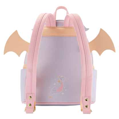 Back view of the Disney Parks Epcot Pastel Figment Mini Backpack with pink straps and dragon wings and a picture of Figment on a white background