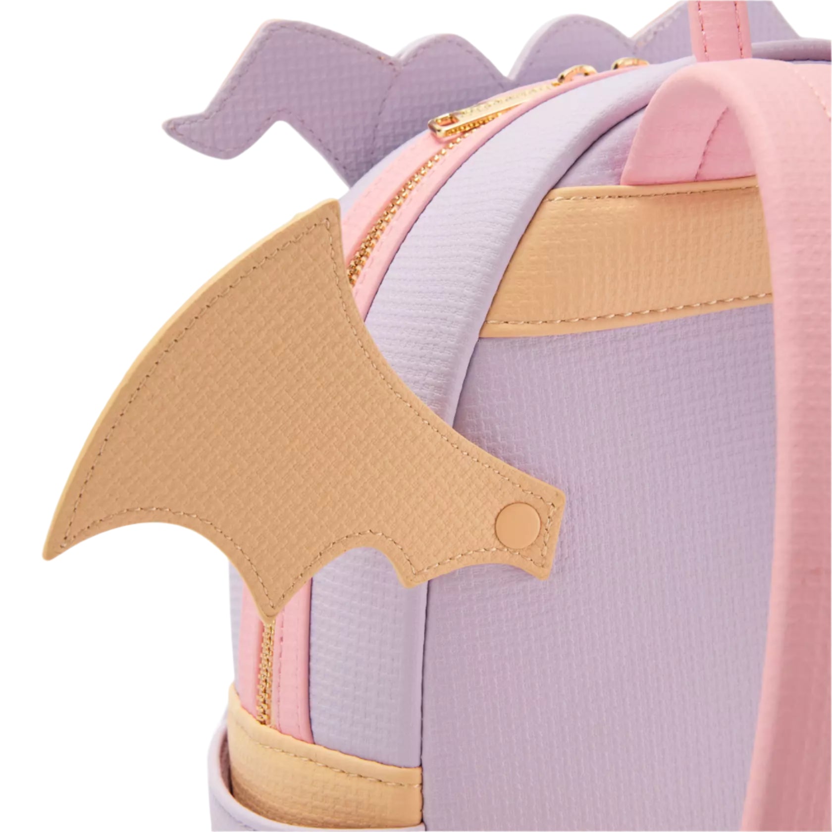 Partial side view of the Disney Parks Epcot Pastel Figment Mini Backpack with dragon wing on a white background
