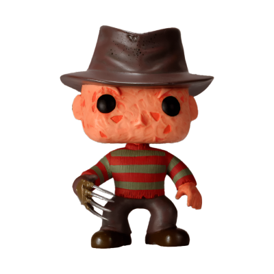 Funko Pop! vinyl figure of Freddy Krueger from A Nightmare on Elm Street with a brown hat and red sweater on a white background