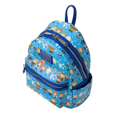 Top and side view of the mini backpack with various Frozen character pattern on a white background
