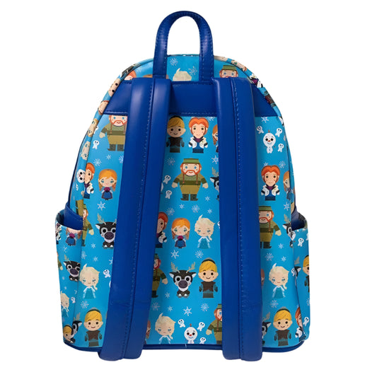 Back view of the mini backpack with various Frozen character pattern with blue shoulder straps on a white background
