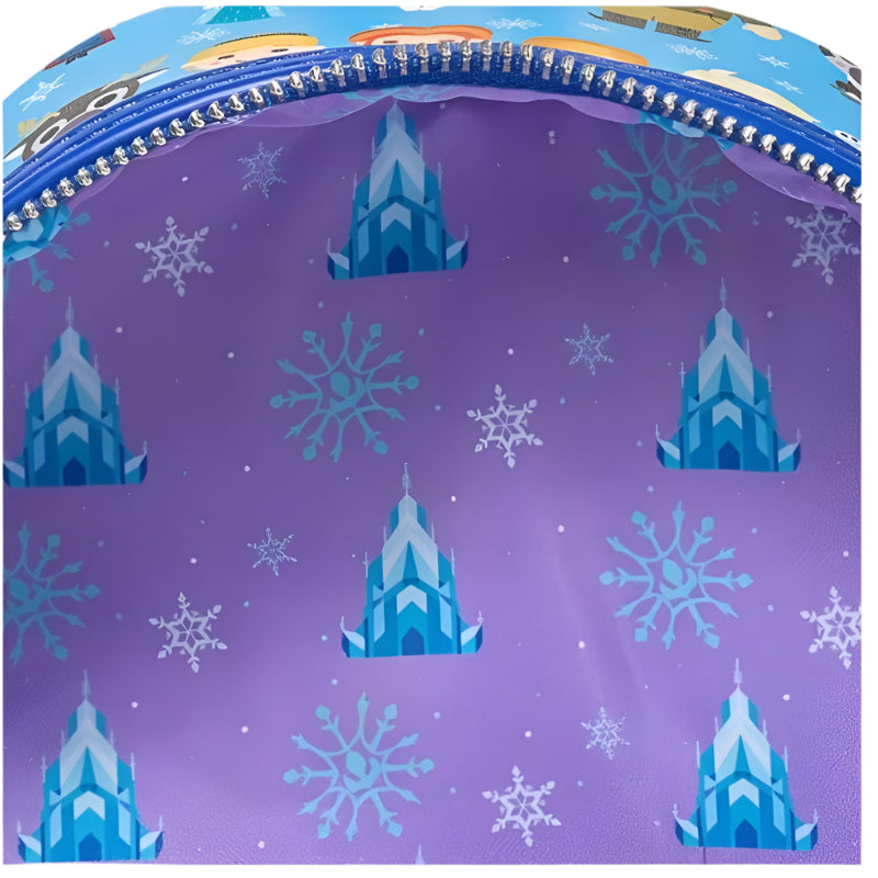 Inside view of mini backpack with purple pouch with blue castle and snowflake patterns on a white background 