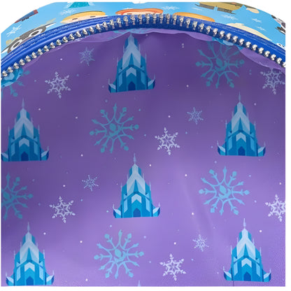 Inside view of mini backpack with purple pouch with blue castle and snowflake patterns on a white background 