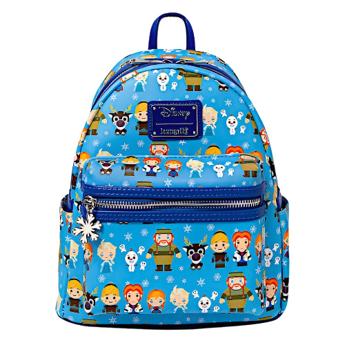 Front view of the mini backpack with various Frozen character pattern on a white background