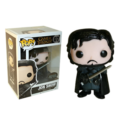 Funko Pop! vinyl figure of Jon Snow Beyond the Wall from Game of Thrones holding his sword next to its packaging on a white background