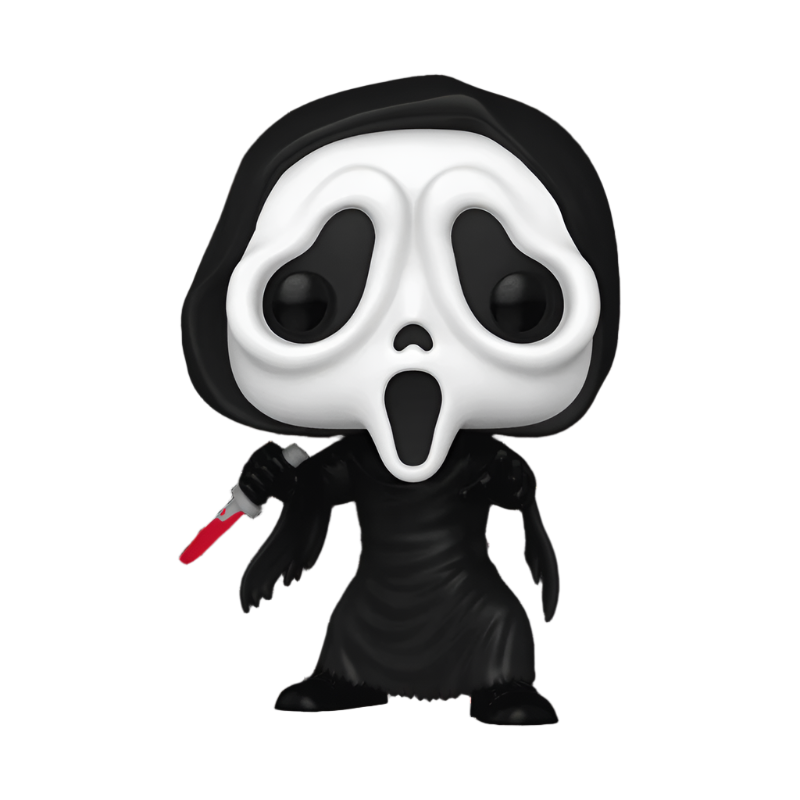 Funko Pop! vinyl figure of Ghost Face Glow holding a knife with a black hood and white on a white background
