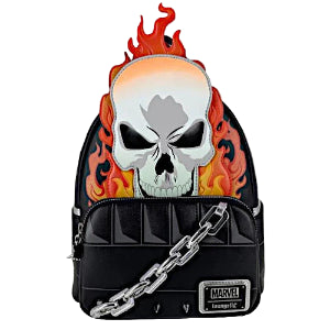 Ghost Rider Glow Cosplay Mini Backpack with a skull design and flames, featuring a Marvel and Loungefly logo.