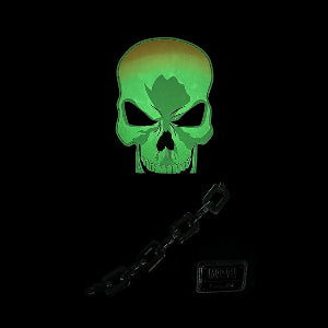 Glow Ghost Rider Glow Cosplay Mini Backpack with a skull design and flames on a dark background