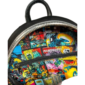 Inside view of Ghost Rider Glow Cosplay Mini Backpack with a skull design and flames with visible branding