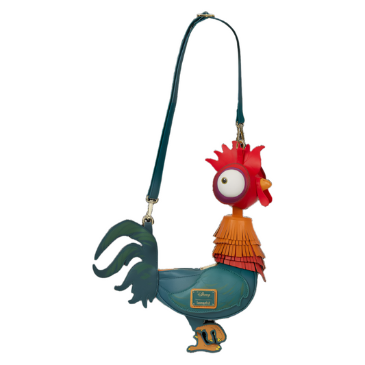 Colorful rooster-shaped, Hei Hei from Moana, crossbody bag with a strap on a white background