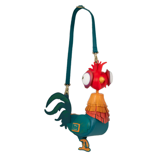 Colorful rooster-shaped, Hei Hei from Moana, crossbody bag with a strap on a white background