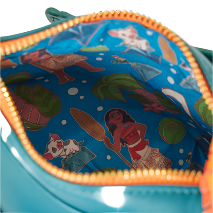 Close-up of inside of Hei Hei crossbody with Moana and Pua pattern, featuring orange zipper.