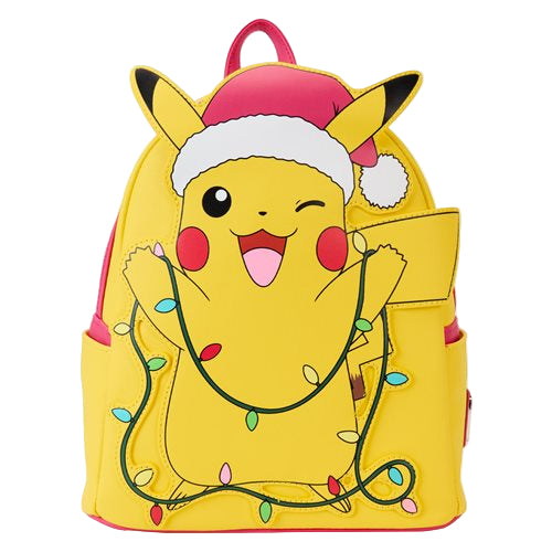 Front Pokémon Santa Pikachu backpack with Pikachu design wearing a Santa hat and surrounded by Christmas lights on a white background