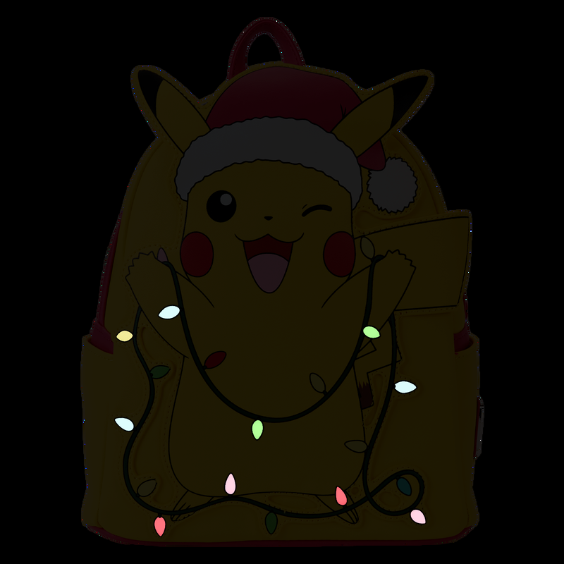 Front light up Pokémon Santa Pikachu backpack wearing a headband and surrounded by colorful lights on a black background