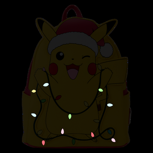 Front light up Pokémon Santa Pikachu backpack wearing a headband and surrounded by colorful lights on a black background