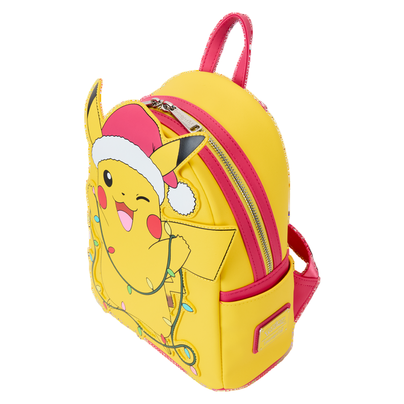Front and side Pokémon Santa Pikachu backpack with Pikachu design wearing a Santa hat on a white background