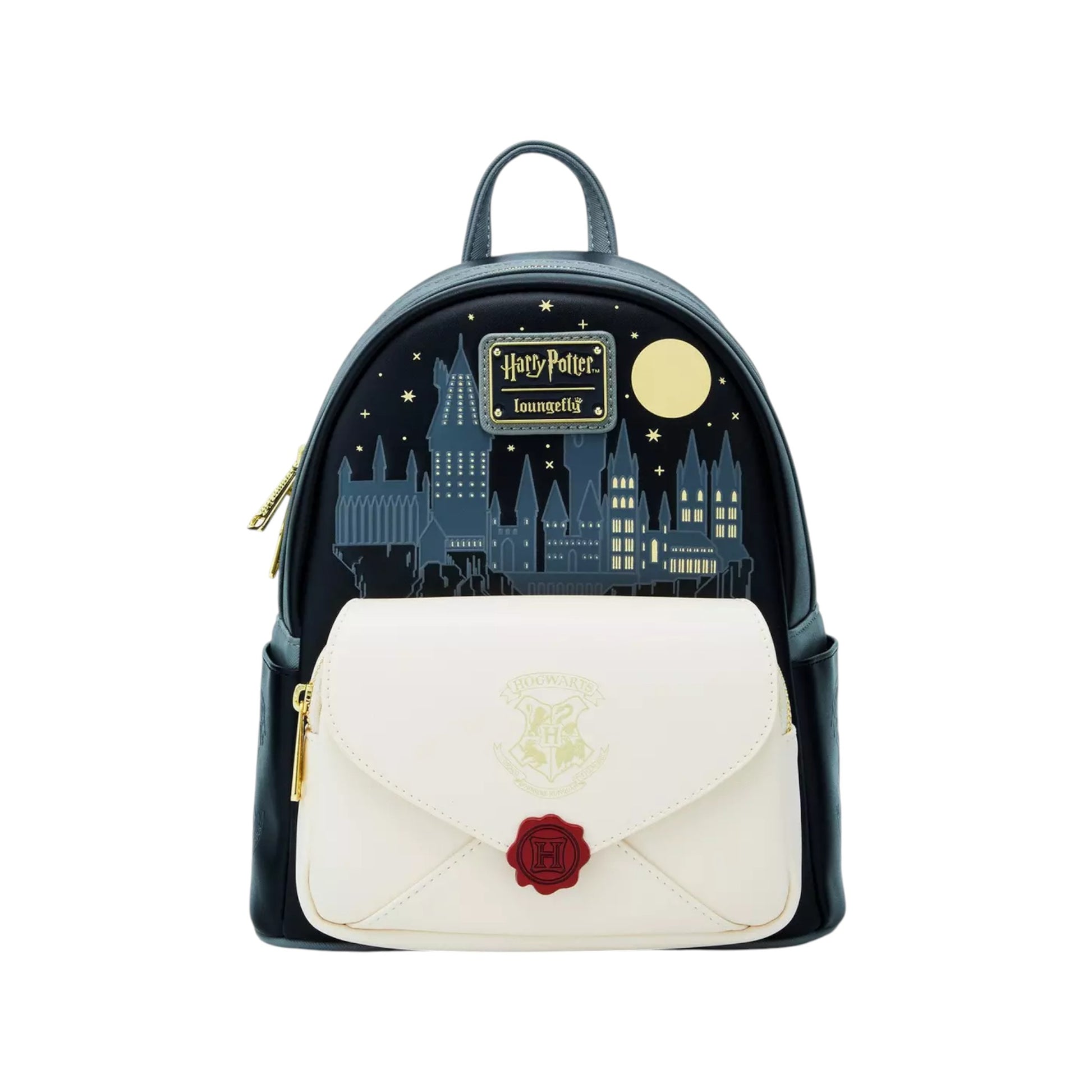 Front Harry Potter Hogwarts Letter Mini Backpack with a night sky design and envelope detail on a white background