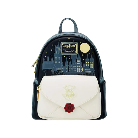 Front Harry Potter Hogwarts Letter Mini Backpack with a night sky design and envelope detail on a white background