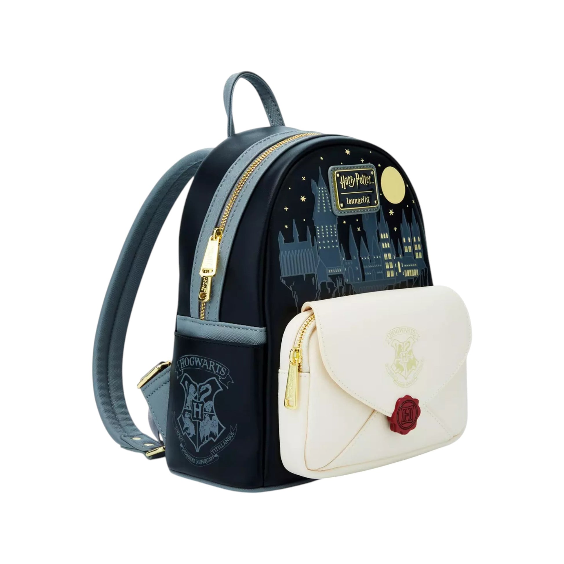 Side Harry Potter Hogwarts Letter Mini Backpack with a front pocket featuring a letter and envelope design on a white background