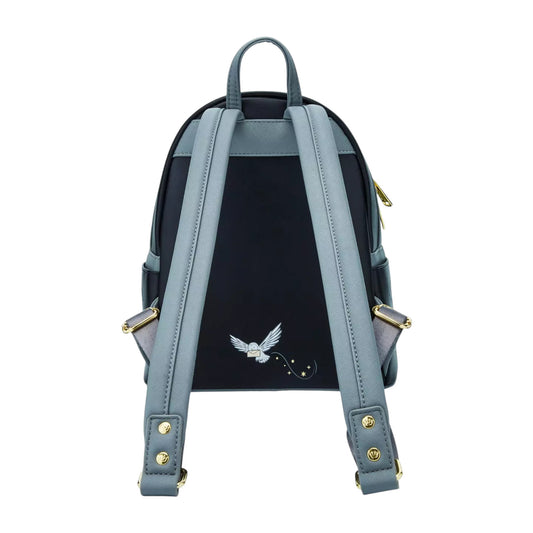 Back Harry Potter Hogwarts Letter Mini Backpack with a black section featuring a white logo on a white background