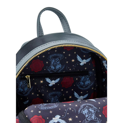 Inside Harry Potter Hogwarts Letter Mini Backpack with Harry Potter-themed design featuring Hogwarts crest and characters on a white background