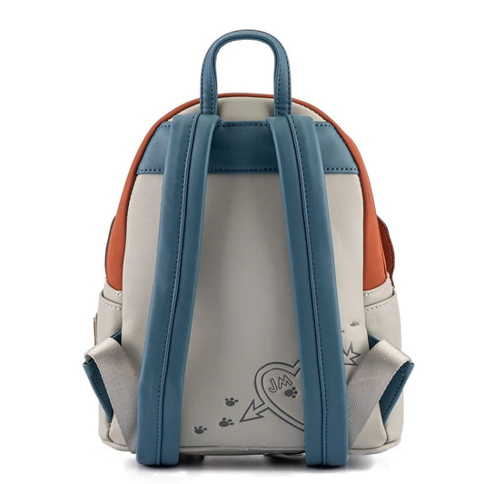 Backpack with blue straps and a heart design on a white background