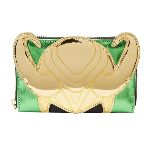 Green wallet with gold Marvel Loki design on a white background