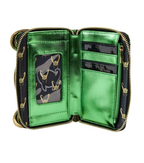 Green wallet with gold Loki-themed accents on a white background