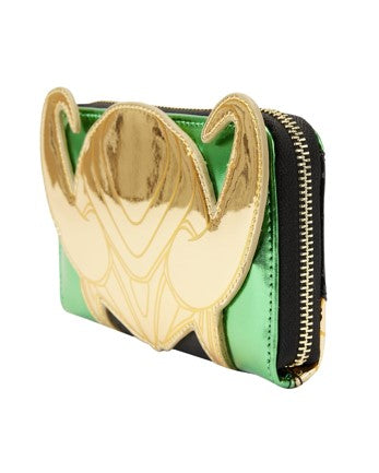 Green wallet with Marvel Loki theme on a white background