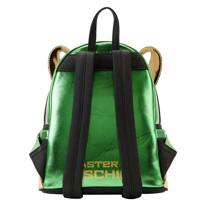 Green metallic backpack with black straps on a white background
