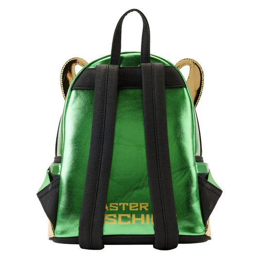Green metallic backpack with black straps on a white background