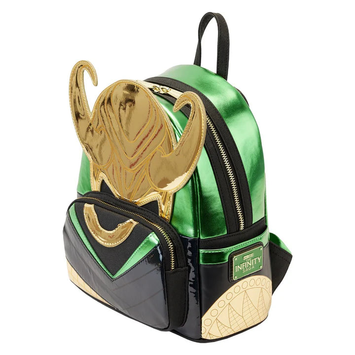 Green and gold backpack with Loki helmet design on a white background