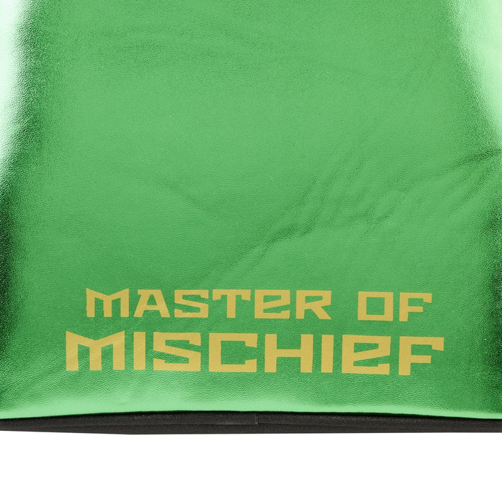 Green bag with 'Master of Mischief' text in yellow on a white background