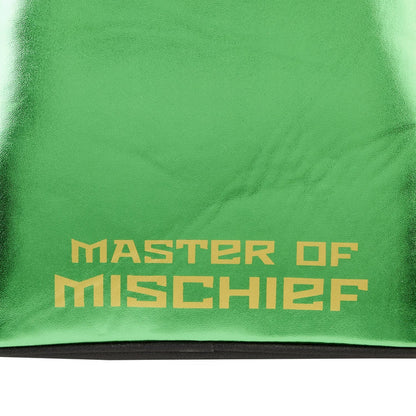 Green bag with 'Master of Mischief' text in yellow on a white background