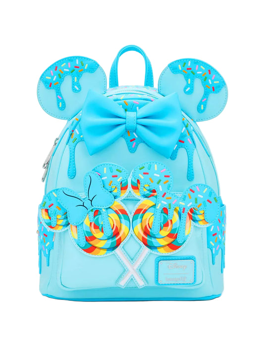 Front Minnie Mouse Lollipop Blue Sprinkle Ears Backpack with character ears and lollipop design on a white background