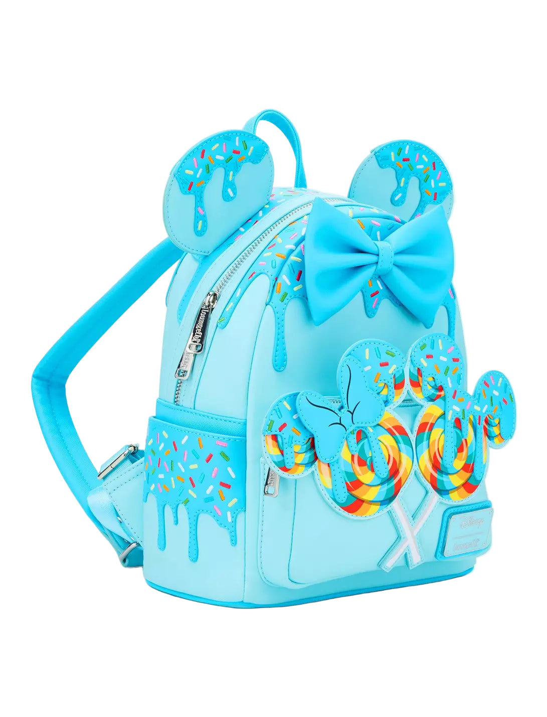 Front and side Minnie Mouse Lollipop Blue Sprinkle Ears Backpack with character ears and lollipop design on a white background