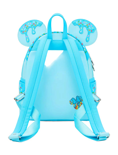 Back Minnie Mouse Lollipop Blue Sprinkle Ears Backpack with character ears and lollipop design on a white background