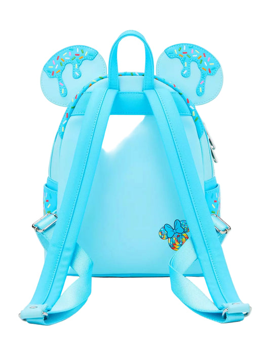 Back Minnie Mouse Lollipop Blue Sprinkle Ears Backpack with character ears and lollipop design on a white background