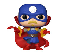 Superhero figurine of Soldier Supreme with blue cape and red mask on a white background