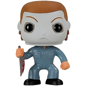 Figurine of Michael Myers  in a blue jumpsuit holding a knife on a white background