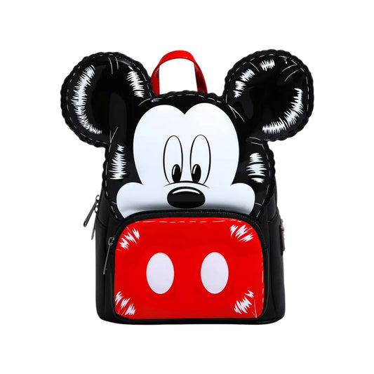 Front Mickey Mouse Balloon Figural Mini Backpack with black ears and red body on a white background