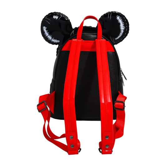 Back Mickey Mouse Balloon Figural Mini Backpack with red straps and black ears on a white background