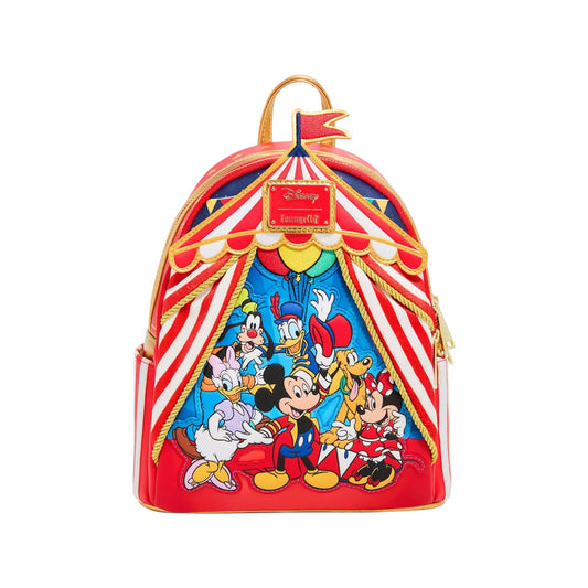 Backpack with mickey and friends characters in front of a circus tent design on a white background