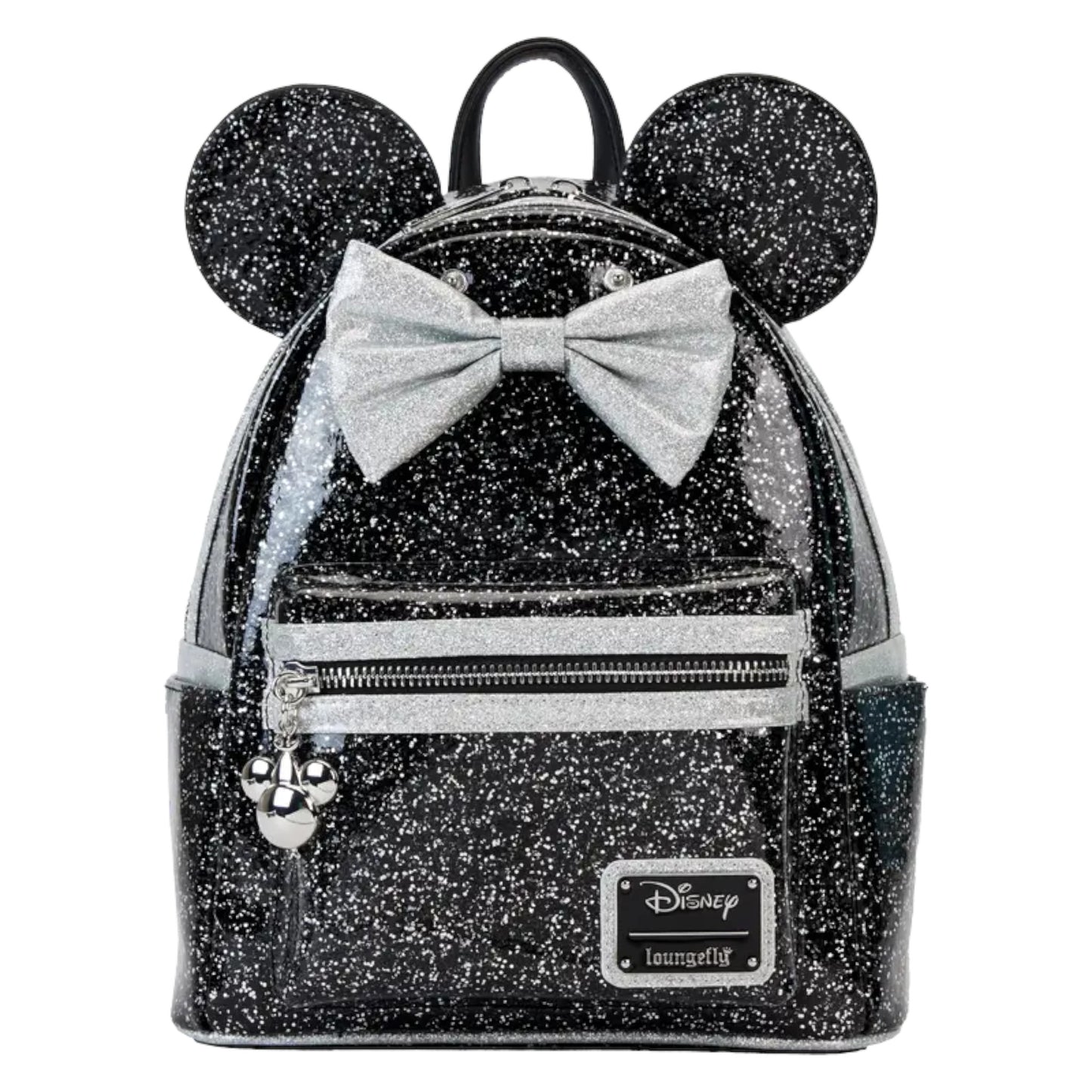 Black glittery backpack with mouse ears and bow, featuring a Disney Loungefly label on white background
