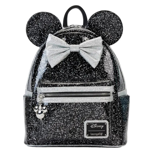 Black glittery backpack with mouse ears and bow, featuring a Disney Loungefly label on white background